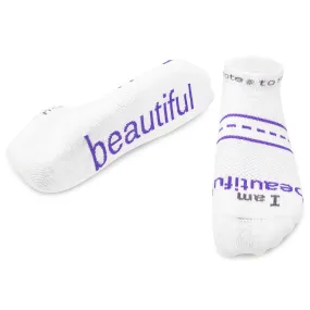 I am beautiful™ white LITE-NOTES™ socks with light purple words