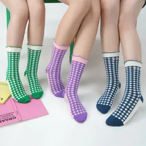 Ruffled Color Check High Socks