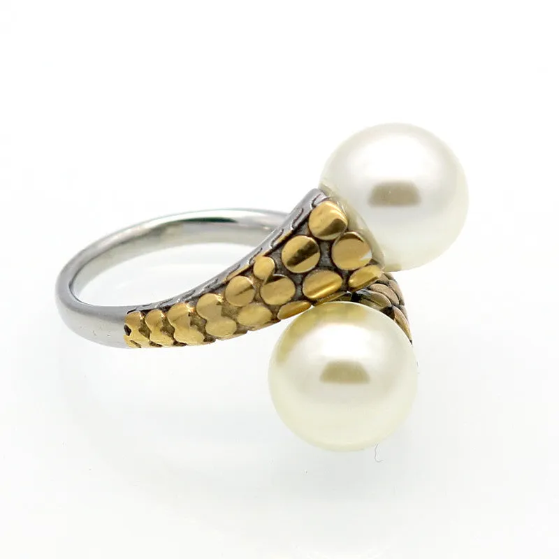 Spring New Arrival Hot High Quality Stainless Steel Vintage Fashion Double Pearl Ring Gold Plated For Women Party Jewelry
